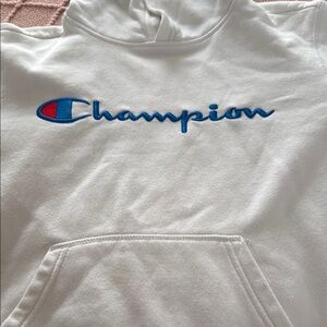 Champion White Hoodie with Blue Logo